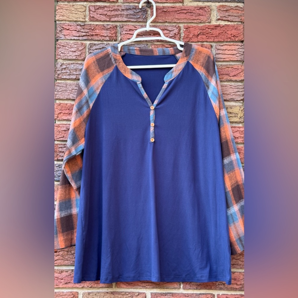 Blue Plaid Sleeve Henley Top